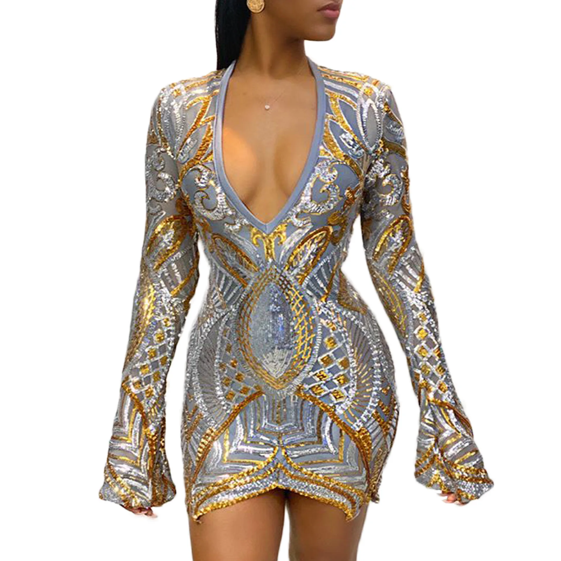 

2021 Fashion Women's New Sequined V-neck Slim Long Dress