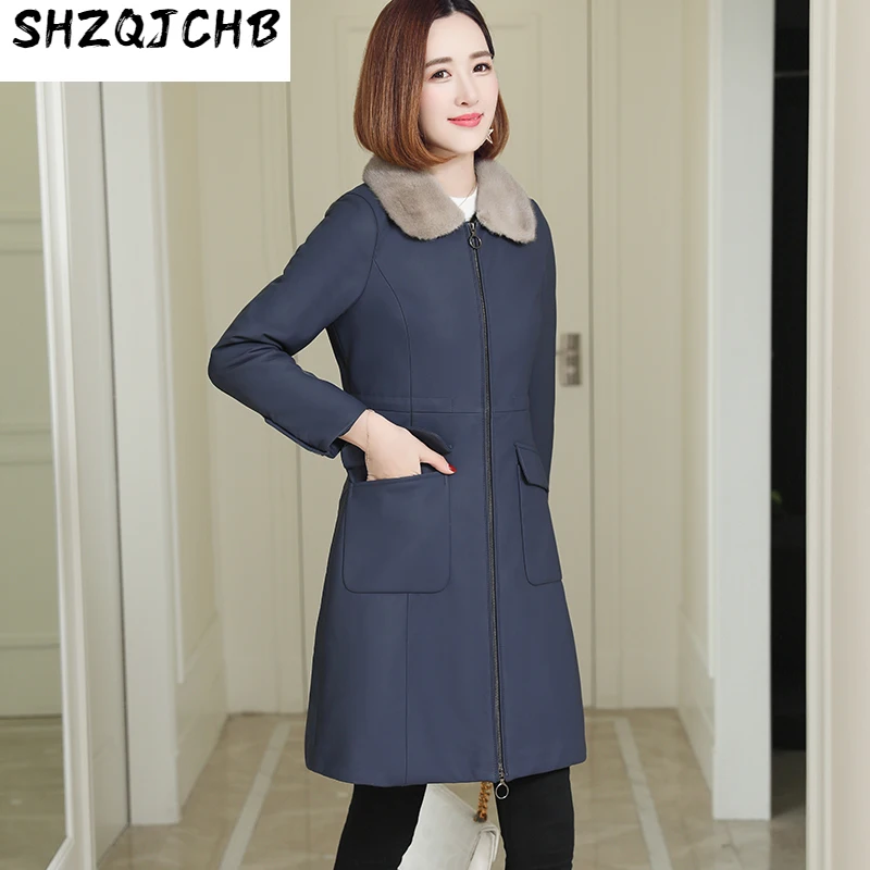 

SHZQ новое женское меховое пальто «Все в одном» средней длины норковая внутренняя подкладка меховой воротник кожаное меховое пальто