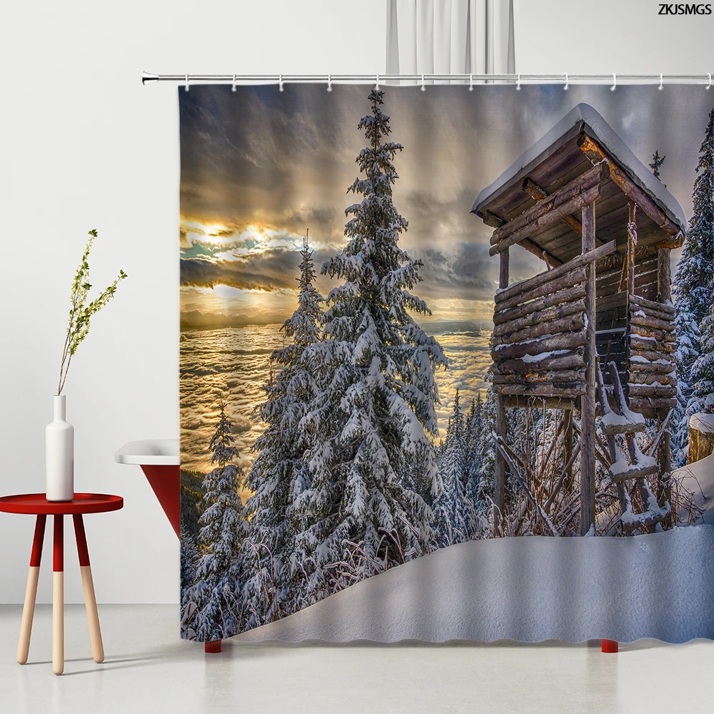 Занавеска для душа с крючками водонепроницаемая Шторка ванной изображением леса