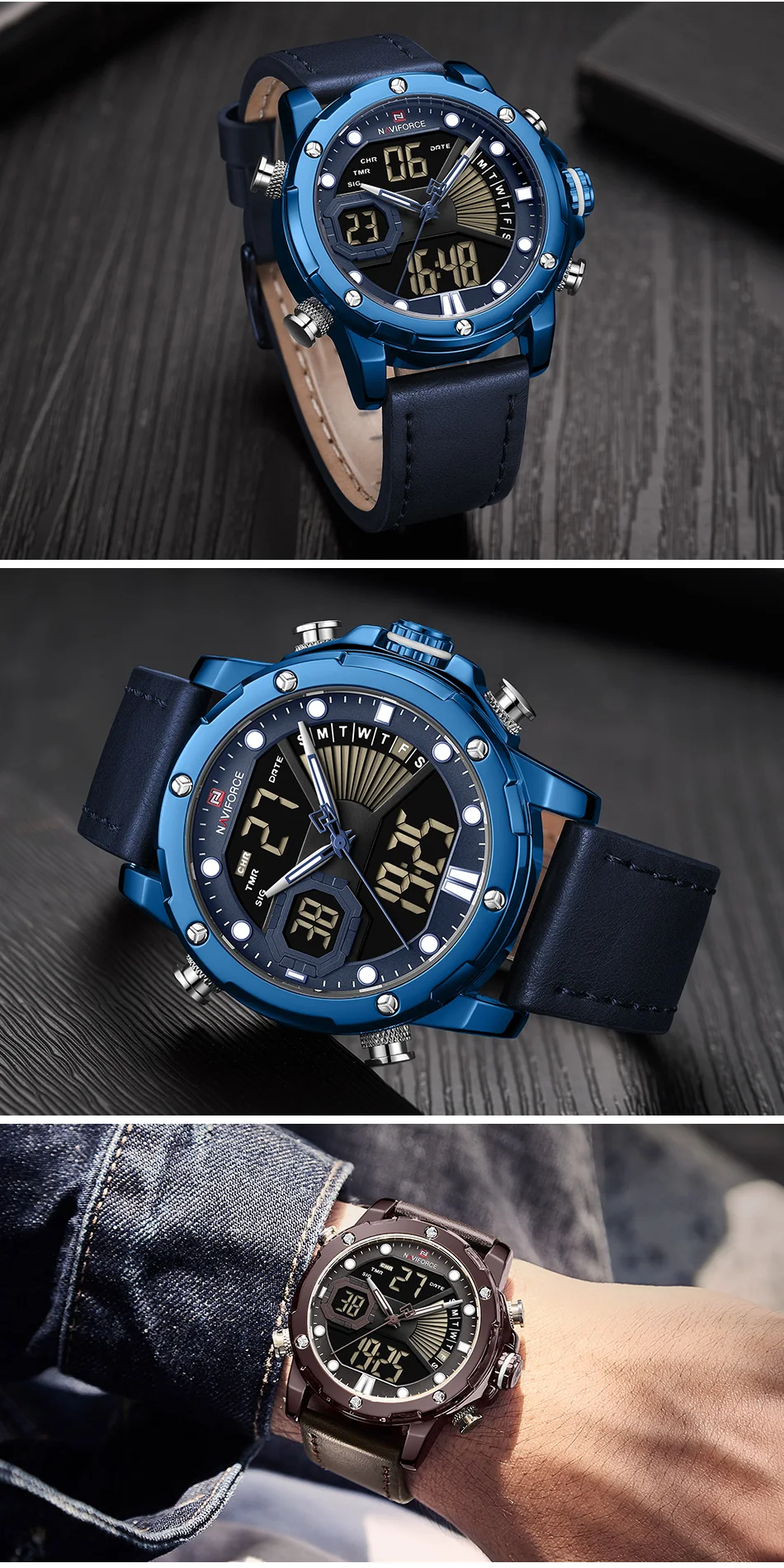 Мужские часы NAVIFORCE модные спортивные кварцевые часы мужские кожаные водонепроницаемые наручные часы светодиодный Аналоговый Цифровой Часы Relogio Masculino