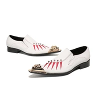 summer mens korean style gold pointed toe slip on printed white leather business casual shoes