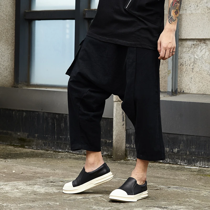 Оригинальный дизайн летние льняные тонкие темно черные японские брюки на лямках