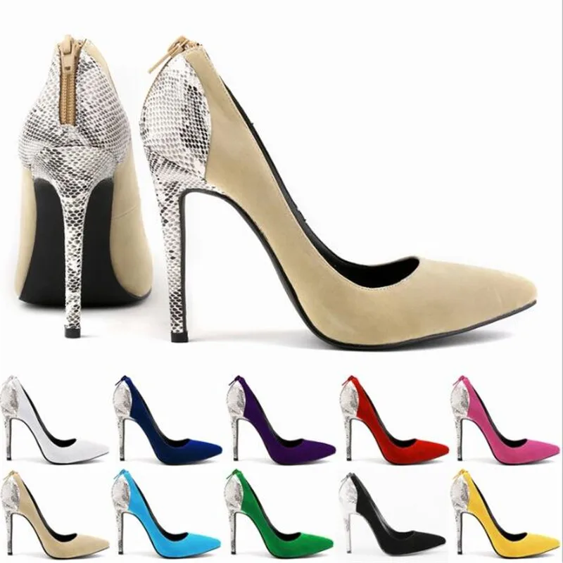 

Hot Thin High heels Female Shoes Woman Pumps Sexy Wedding Party Pointed Toe Flock 11CM Slip On ZIP Serpentine 2023 size 35-42
