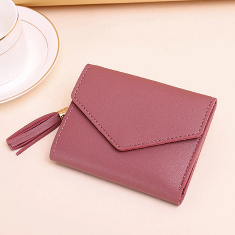 

2021 New Short Fashion Women's Wallet PU Leather Snap Solid Wallets Female Tassel Card Bag Clutch Bag Money Purse For Women