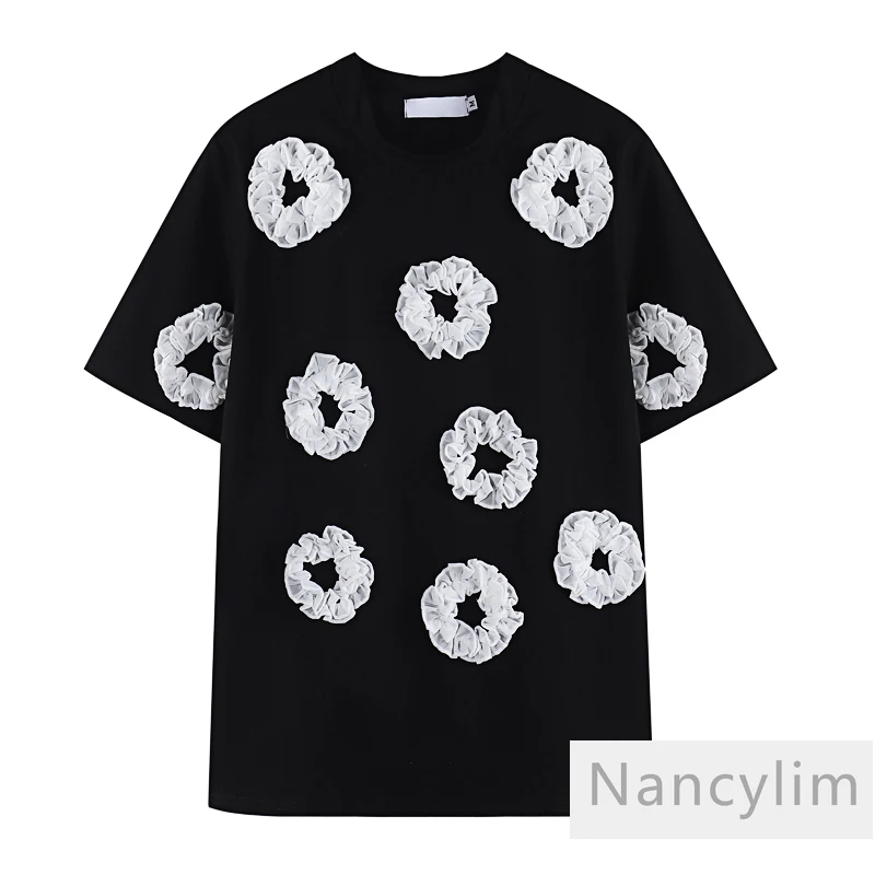 

Three-Dimensional Flower Stitching Loose Pure Cotton Short Sleeves T-shirt Women 2021 Summer Clothing New Black Tops Nancylim