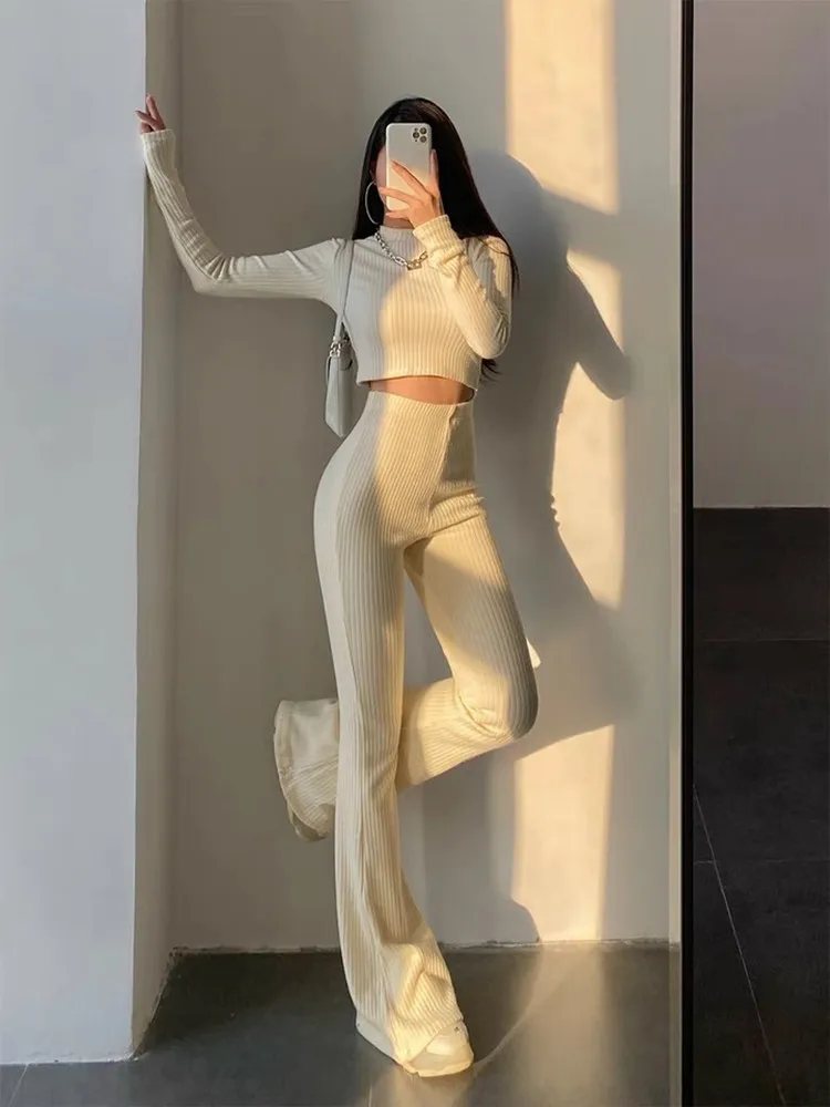 

Two Piece Pants Set Women Winter Outfits Long Sleeve Knitted Sweater Top Crop High Waist Skinny Flared Pants Jogging Tracksuit