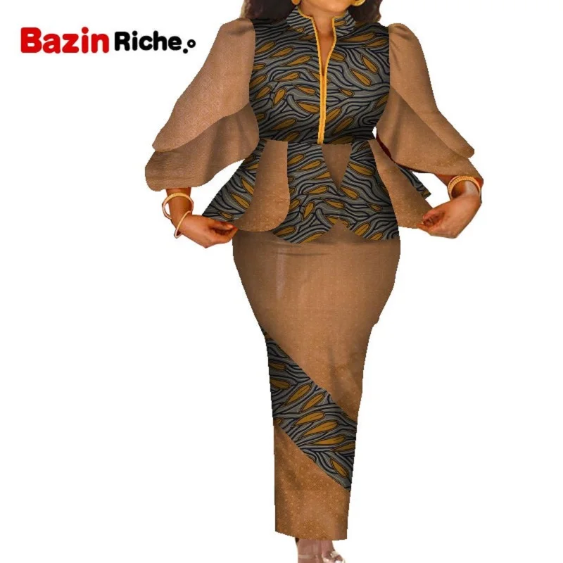 

Ankara Dresses America Fashion One Pcs Butterfly sleeve Stand Necklace Pleated Top and Sheath Skirt African Suit Women WY7925