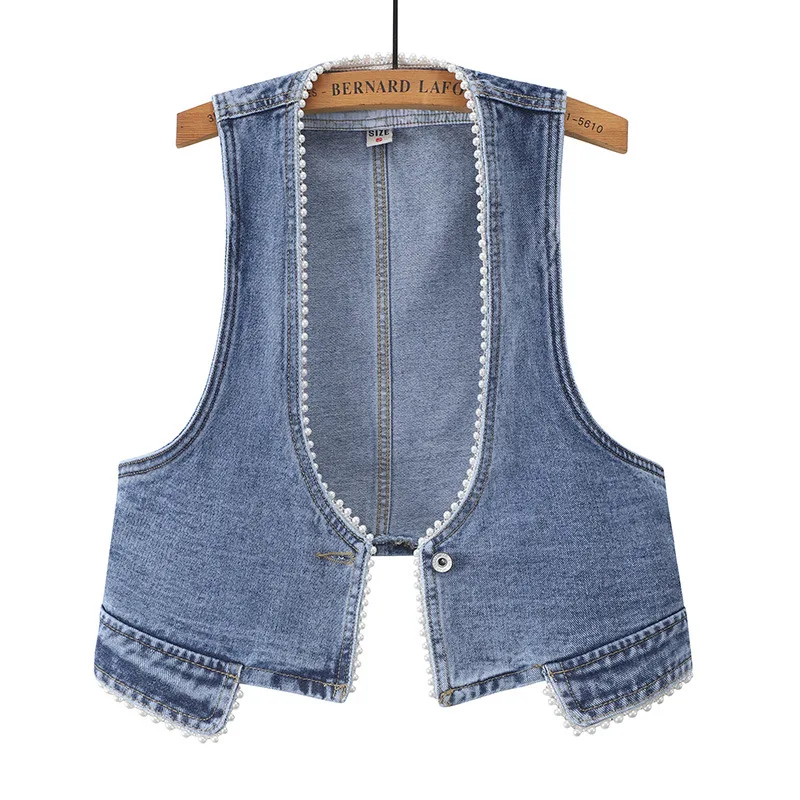 

Plus Size Womens Vests Outwear 2021 New Fashion Beading Sleeveless Denim Vest Top Ladies Leisure Wear Short Jacket Jeans Blue