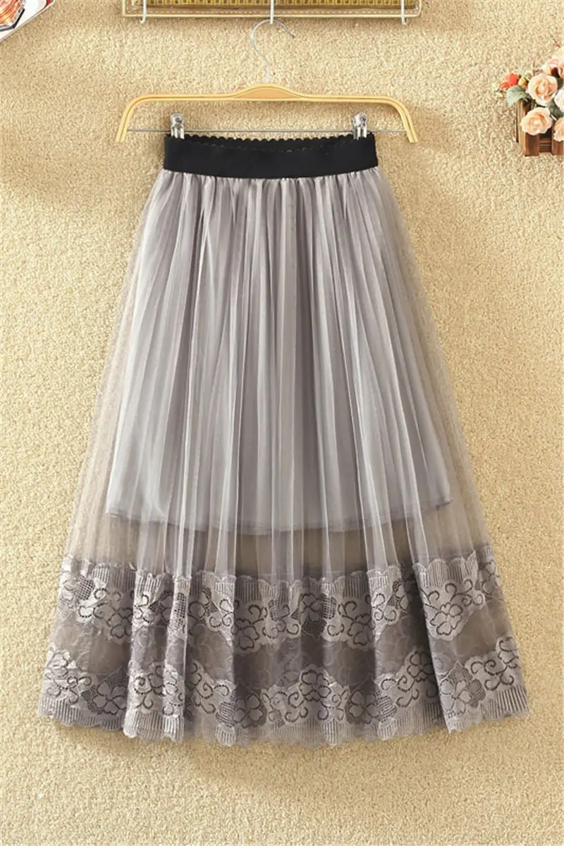

Spring and summer new lace mesh skirt women's middle length high waist thin yarn skirt A-line long skirt fluffy pleated skirt