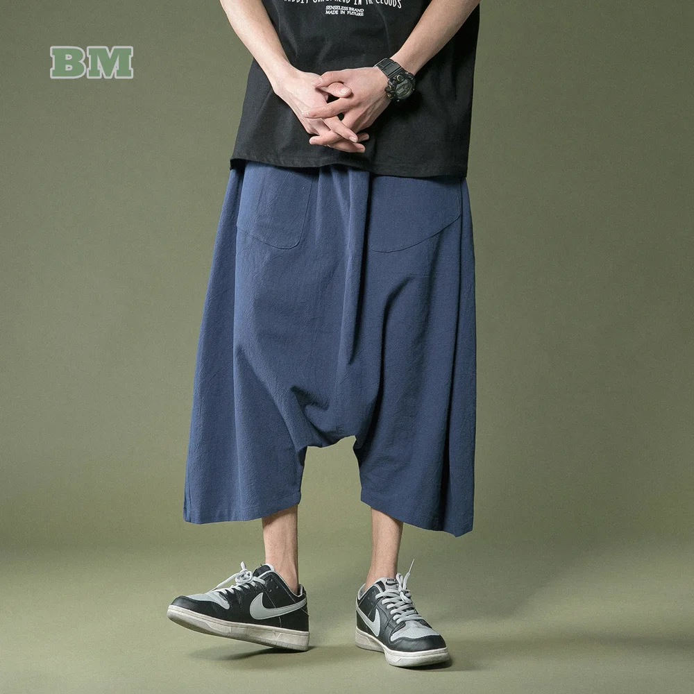 

Chinoiserie Cotton Linen Loose Plus Size Baggy Crotch Pants 2021 Summer Japanese Harajuku Casual Cropped Trousers Men Clothing