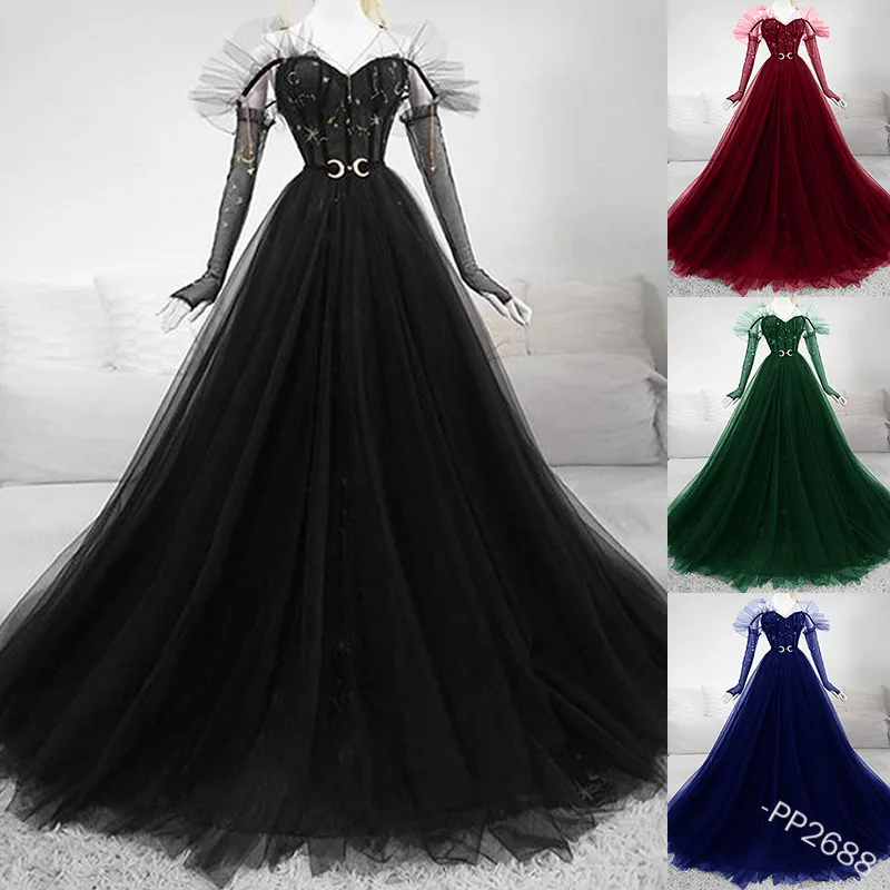 Женское платье с длинным рукавом винтажное макси и принтом Луны в средневековом