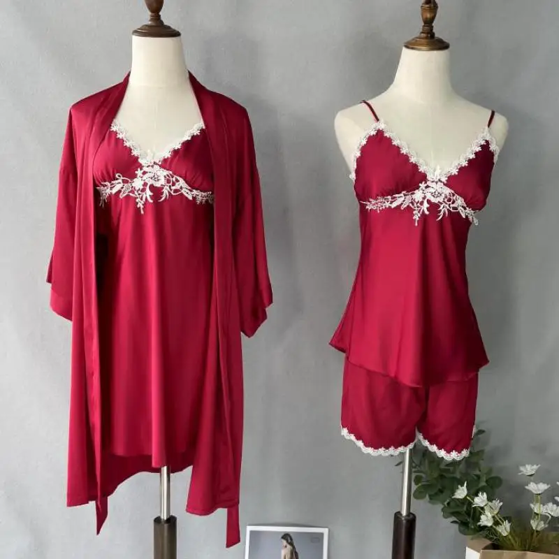 

4 шт., Женский Атласный пижамный комплект с V-образным вырезом