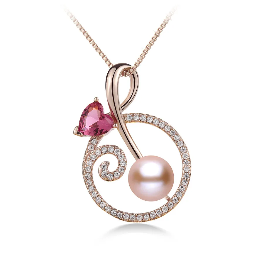 Natural Freshwater Pearl Shiny Pink Love Crystal Pendants Fashion Zircon Rose gold Necklace 925 sterling silver(No Chain) | Украшения и