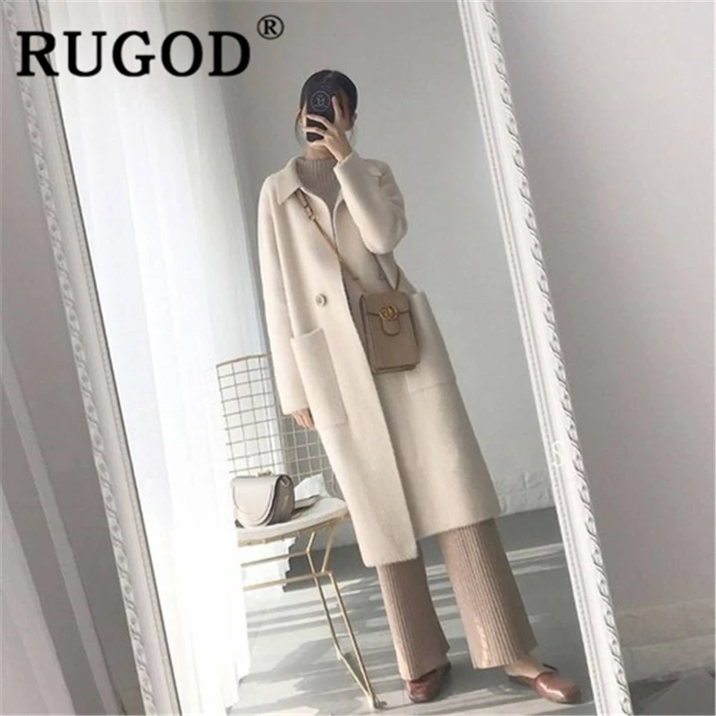 RUGOD новинка зимнее теплое одноцветное пальто для женщин двубортное с карманами