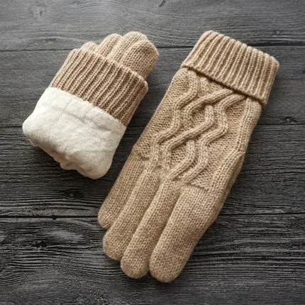 light Brown A57 Высококачественные осенние зимние женские вязаные перчатки, перчатки с сенсорным экраном, бархатные толстые теплые шерстяные кашемировые однотонные перчатки, Женские варежки - Цвет: light Brown A57