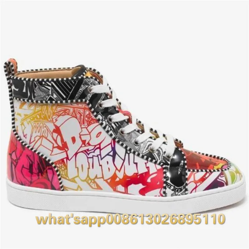 Кроссовки с красной подошвой; Мужская обувь; высокие кроссовки с принтом; sneakers35-46 из лакированной кожи