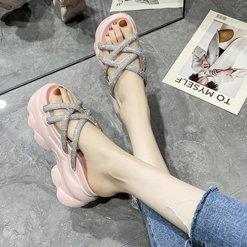 

House Slippers Platform Med Fretwork Heels Glitter Slides Shoes Woman 2021 Fashion On A Wedge Beige Heeled Sandals Shallow