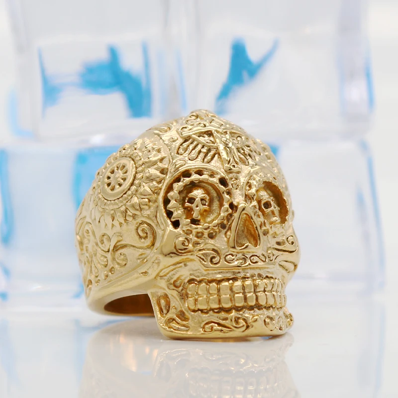 Sugar Skull, кольцо, золото, нержавеющая сталь, байкерское, Череп, кольцо, для мужчин, кольца на палец, для женщин, панк-рок, вечерние, Индивидуальные ювелирные изделия, Прямая поставка