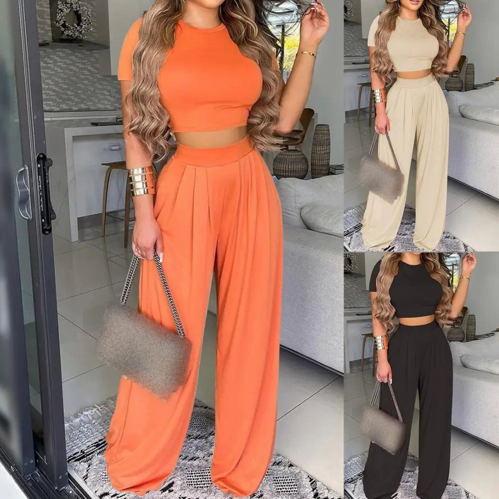 2022 Summer Elegant Women Solid Casual Fitness Tracksuit Set Outfits Short Sleeve Crop Tops Trouser Flare Pants 2 Two Piece Set