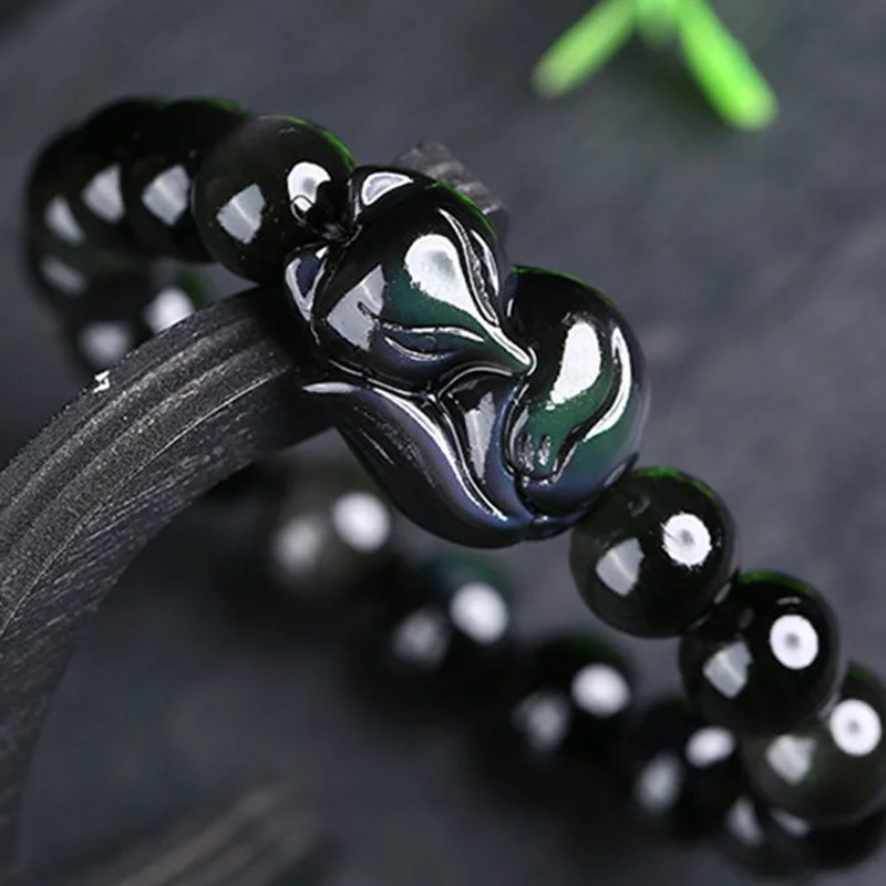 Браслет с круглыми бусинами из натурального черного обсидиана Радужный глаз