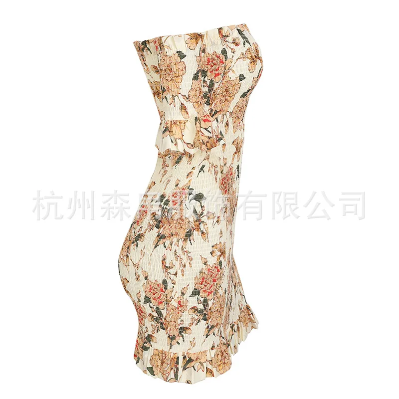 

Hot Sale Spring and Summer New Sexy Slim Fit Full Smocking off-Shoulder Tube Top Ruffled Jumpsuit Skirt