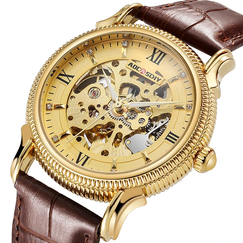 

Menâ€™s Watch Mechanical Stainless Steel Skeleton Waterproof Automatic Self-Winding Rome Number Diamond Dial Wrist Watch