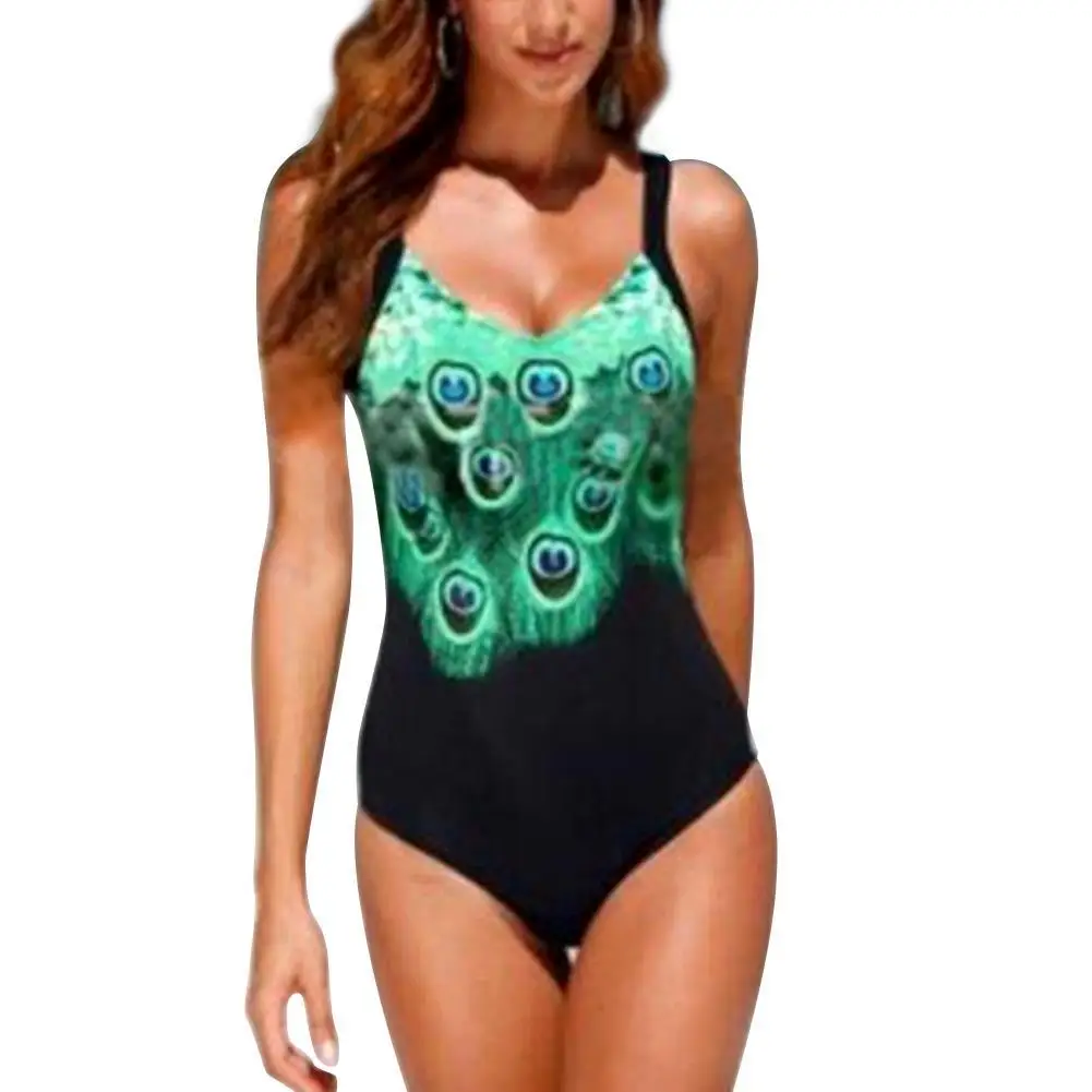 

Plus Size Women Peacock Print One Piece Swimsuit Strappy Slim Padded Monokini