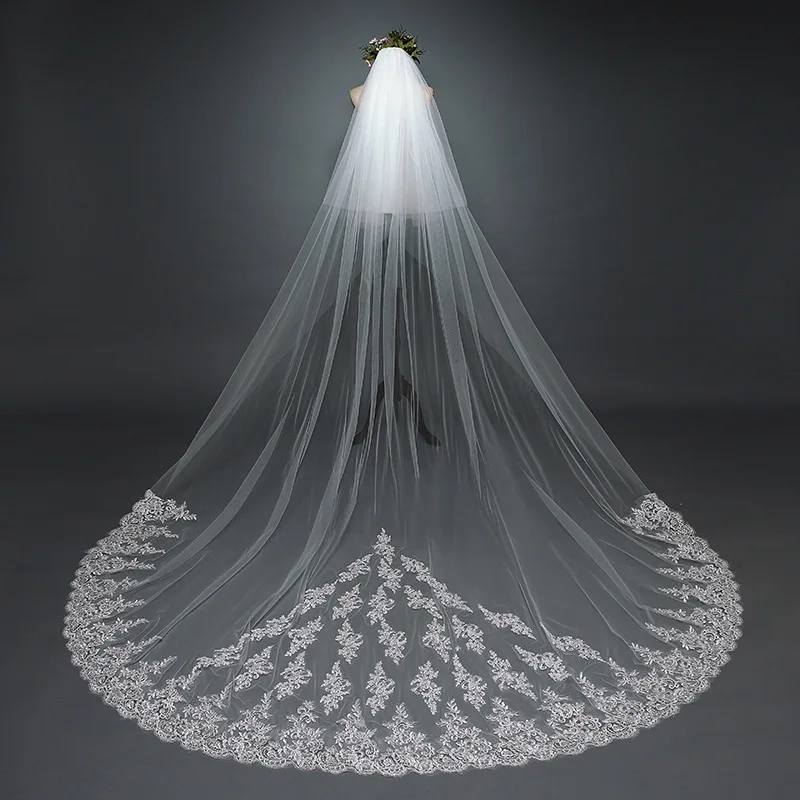 

NZUK Long Veil Cathedral Ivory Wedding Veils with Combs Elegant velos de novia Applique Edge Sequins Tulle Bridal Veils
