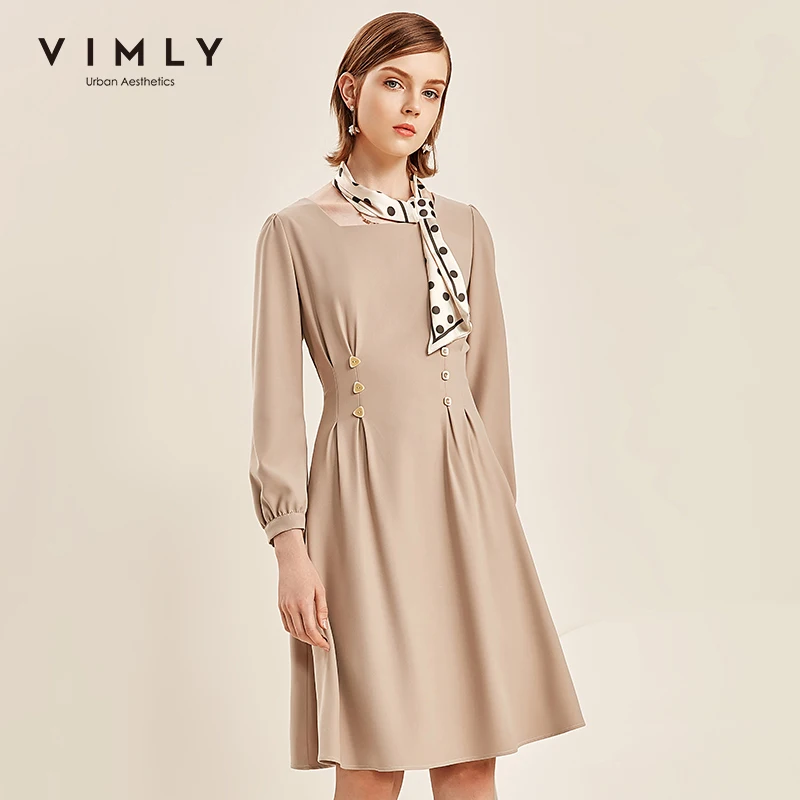 

Vimly Vintage Dresses For Women Elegant Square Collar Solid High Waist Autumn Clothing Office Lady Vestidos Female F2091