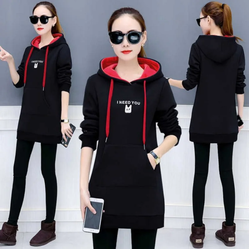 

2021 autumn and winter mid length sweater women's Plush thickened Hoodie warm loose coat casual Hoodie Top Fashion
