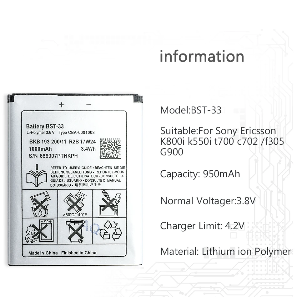 Сменный аккумулятор для Sony Ericsson K530 K550 K630 K660i K790 K790i K800 K800i K810 K810i 950 мАч|Аккумуляторы