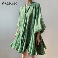 wqjgr summer design dress women floral printing lantern sleeve o neck pink loose waist party women