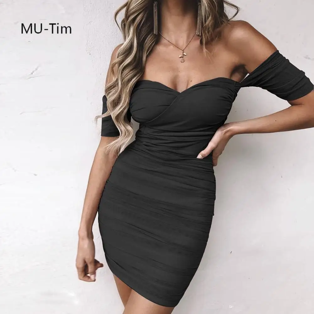 

MU-TIM Sexy Club Black Red Bodycon Dresses 2022 Summer Strapless Cross-Collar Women Dress