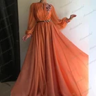 Оранжевые мусульманские Вечерние платья с длинным рукавом, а-силуэт, шифоновые, мусульманские, исламские, дубайские, саудовские, арабские, длинные платья для выпускного вечера с цветочным бисером