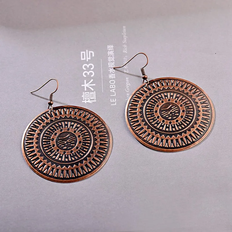 Винтажные богемные большие круглые резные женские цыганские серьги