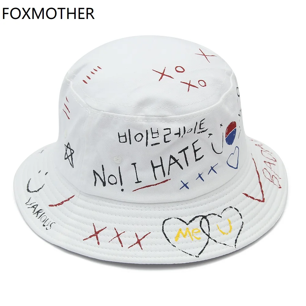 FOXMOTHER New Hip Hop Black White Letter Graffiti  Bucket Caps Fishman Hat Chapeau Femme Mens Caps Korea