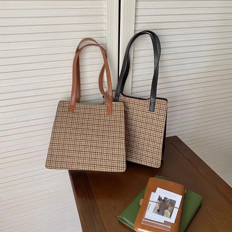 

Retro plaid bag canvas pu leather strap handbags autumn and winter all-match one-shoulder cloth bag tote bag sac de luxe femme
