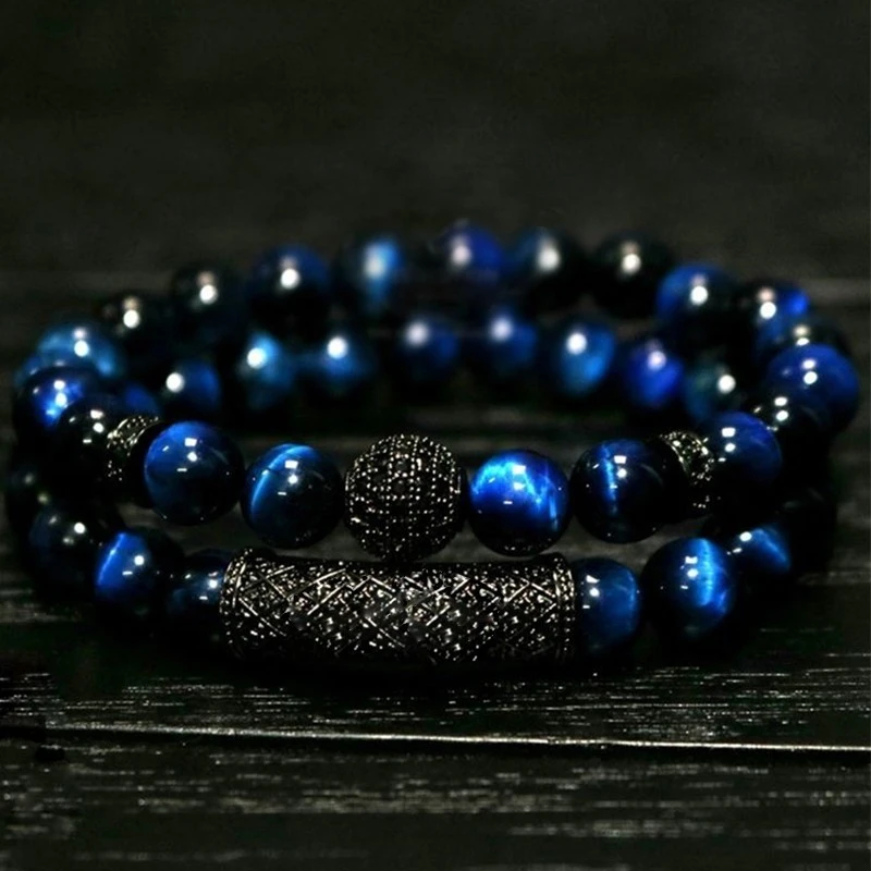 

2021 New Luxury 2 Pcs/set Men Bracelet Sets Natural Blue Tiger Eye Stone Bead Bracelet For Men Jewelry Gift Pulsera Hombre