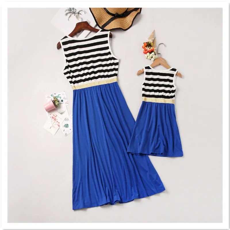Платье для мамы и дочки осень лето синее лоскутное Полосатое длинное платье