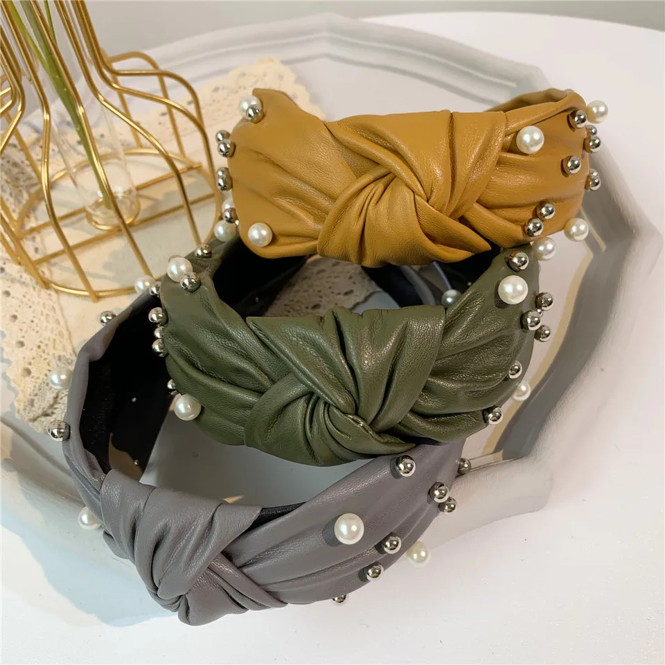 Новые женские элегантные кожаные ПУ ободки для волос с жемчужинами и поперечным