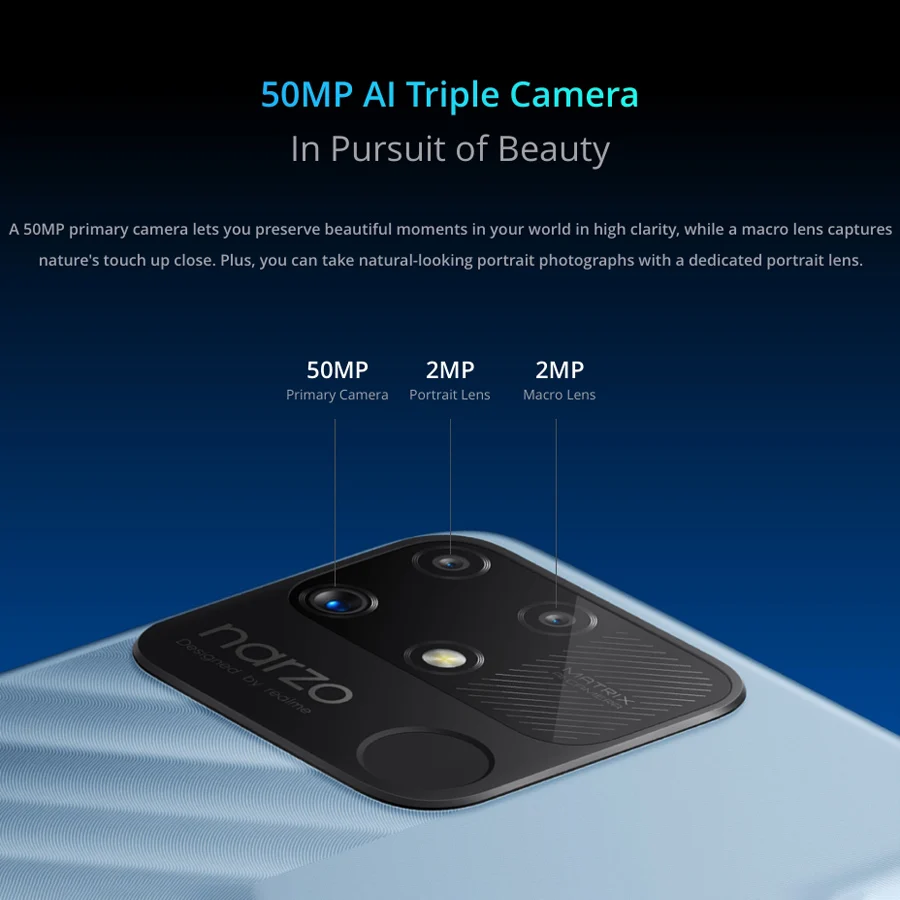 Глобальная версия realme narzo 50A 6 5 дюйма 4 + 128 ГБ 6000 мА батарея процессор Helio G85 AI-камера