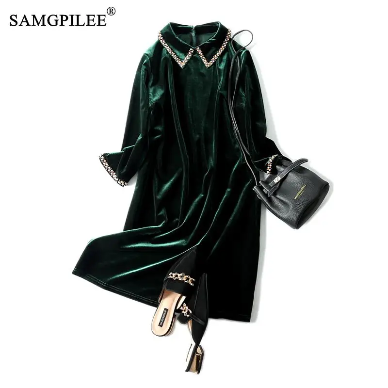 

Dresses For Women Party Casual A-line Solid Three Quarter Sleeve Diamonds Empire Turn-down Collar Plus Size Elegant Dress Women
