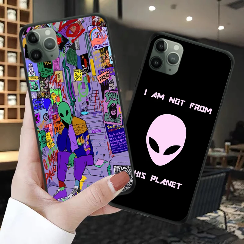 

Black Silicone TPU Funda Case For iPhone 12 11 Pro Max Mini Aesthetic Cartoon Alien Space Cover For iPhone XS MAX XR 6 7 8 Plus