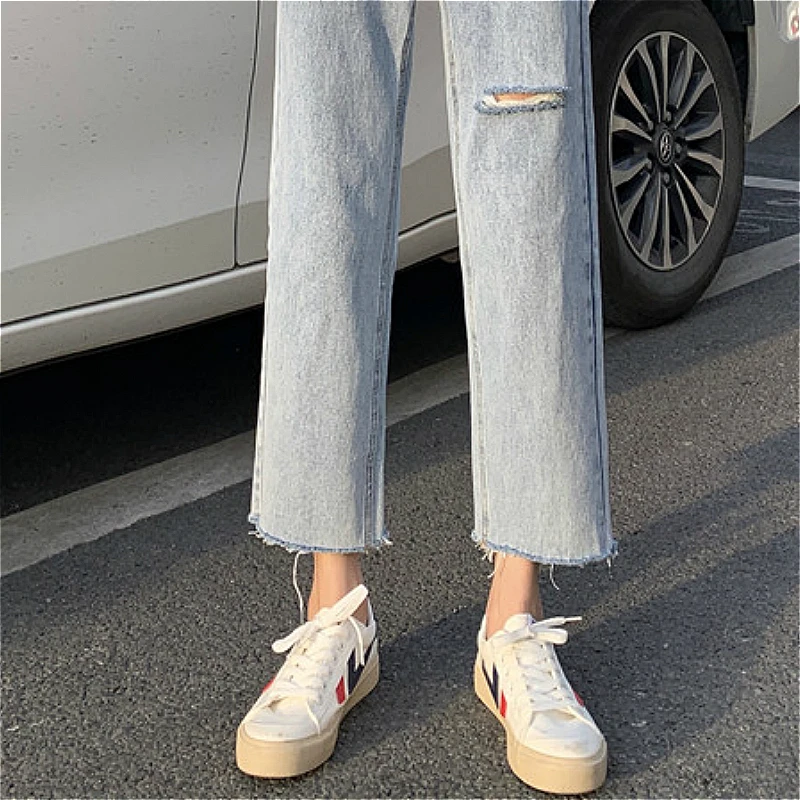 

Jeans Women Ankle-length Holes Ripped Vintage Wide-leg High-waist Korean Style Womens Denim Trousers Chic Fashion Streetwear New