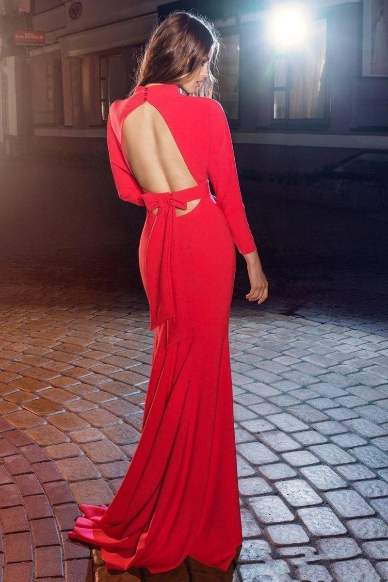 

Red Women Mermaid Evening Dresses HIgh Neck Hollow Back Long Sleeve Bow Ladies Formal Prom Party Gowns vestidos de noche