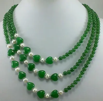

3 Rows 6mm green Red heart-shaped Jade White Pearl Necklace