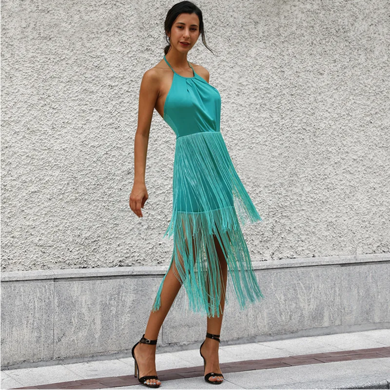 BGW Blue Halter Sleeveless Open Back Sexy Jersey Cocktail Dress With Tassel Sukienka Koktailowa