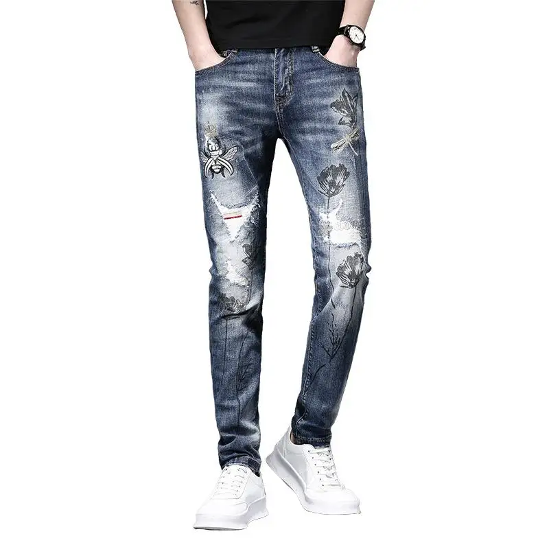 

New Men's Jeans Light Color Elastic Hole Badge Jeans Trend Men's Pants Ripped Biker Denim Jeans
