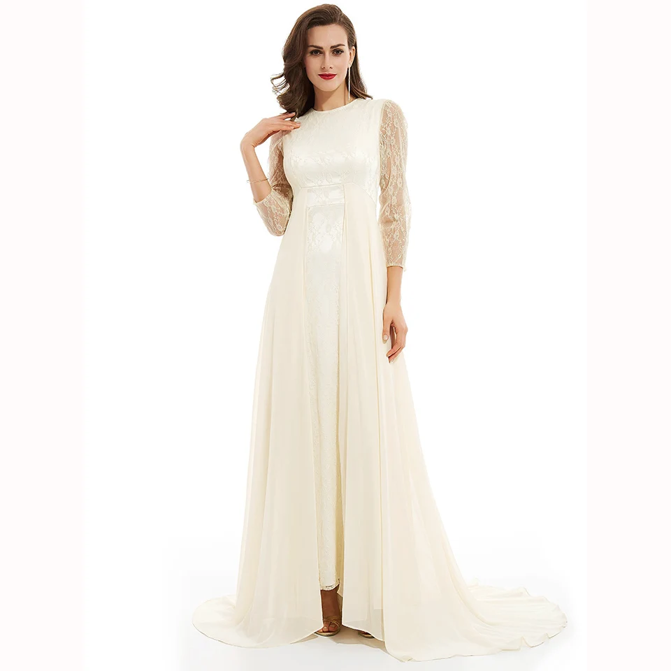 Платье белое длинное вечернее платье с круглым вырезом и длинными рукавами