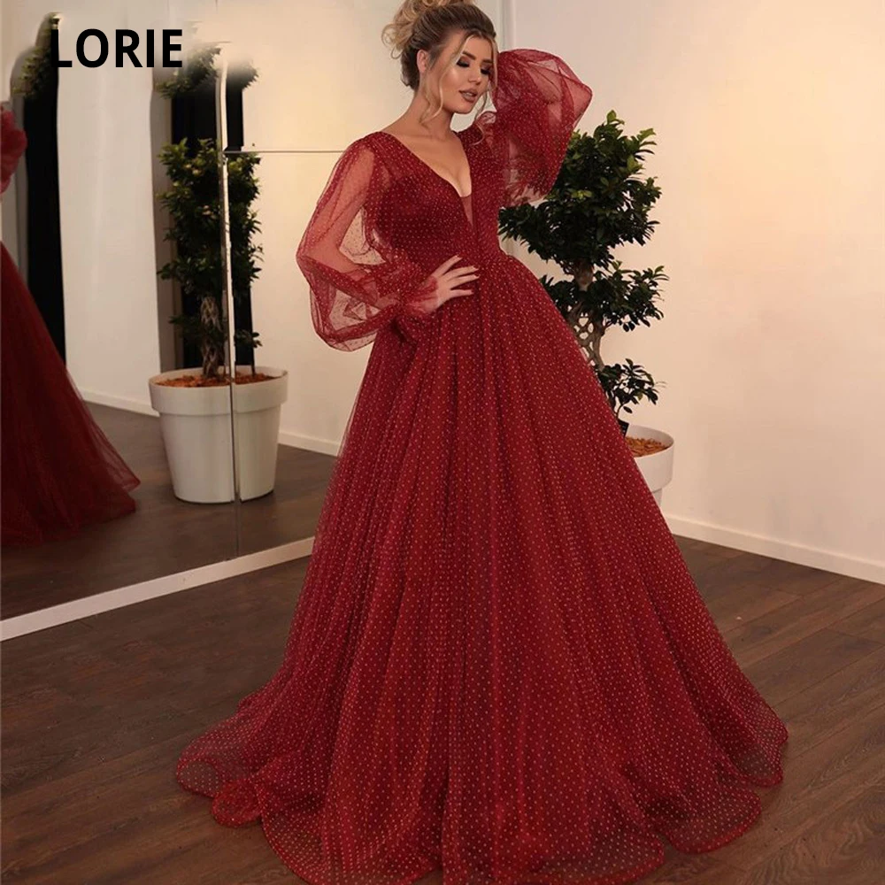

LORIE Elegant Burgundy Dot Tulle Evening Gown with Puffy Sleeve Long Formal Prom Party Dress Plus Size Princess Dress Vintage